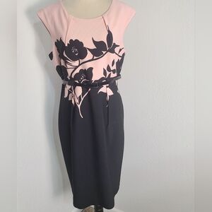Connected Apparel Pink & Black Floral Dress with Belt, Size 12